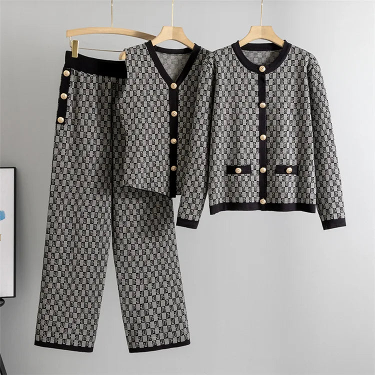 Women’s Elegant Knit Cardigan, Sleeveless Vest & Wide-Leg Trousers Set | Classic Geometric Pattern | Sophisticated Office & Casual Wear