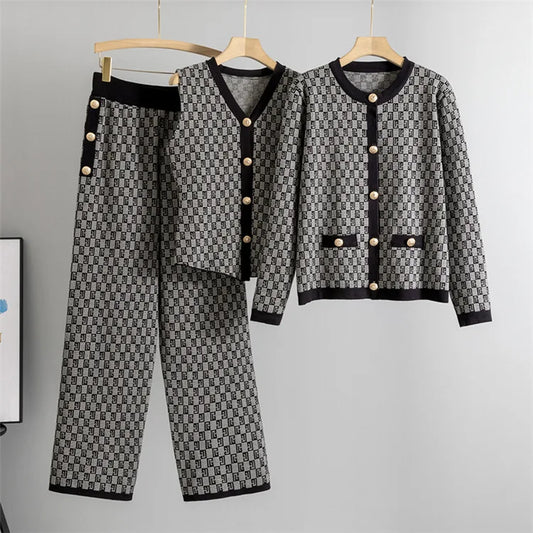Women’s Elegant Knit Cardigan, Sleeveless Vest & Wide-Leg Trousers Set | Classic Geometric Pattern | Sophisticated Office & Casual Wear