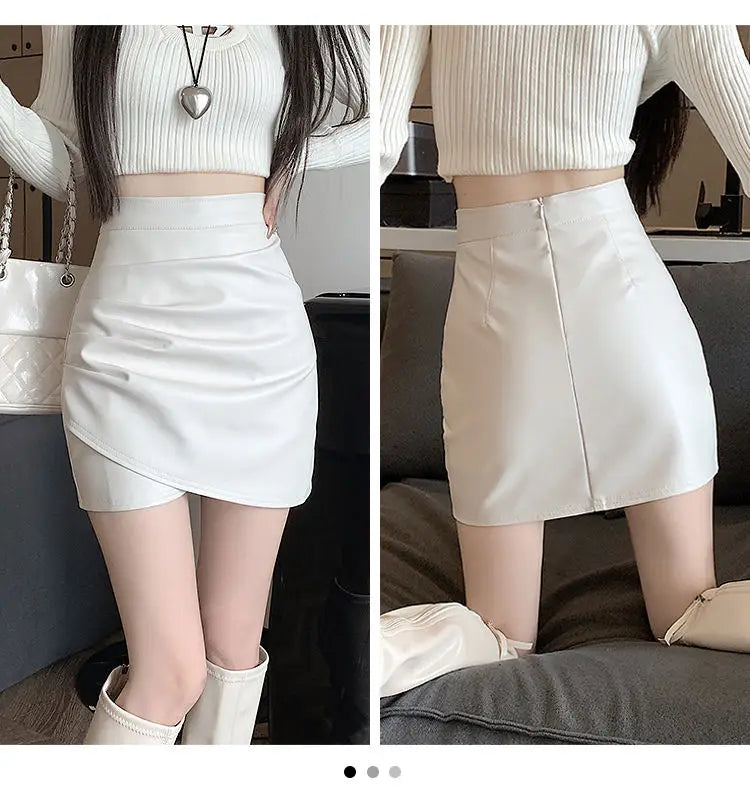 High-Waist Faux Leather Bodycon Mini Skirt – Ruched Slim Fit PU Leather Wrap Skirt for Women