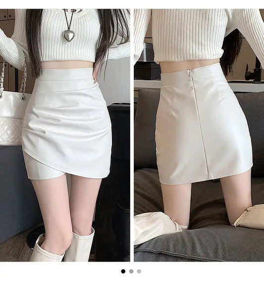 High-Waist Faux Leather Bodycon Mini Skirt – Ruched Slim Fit PU Leather Wrap Skirt for Women