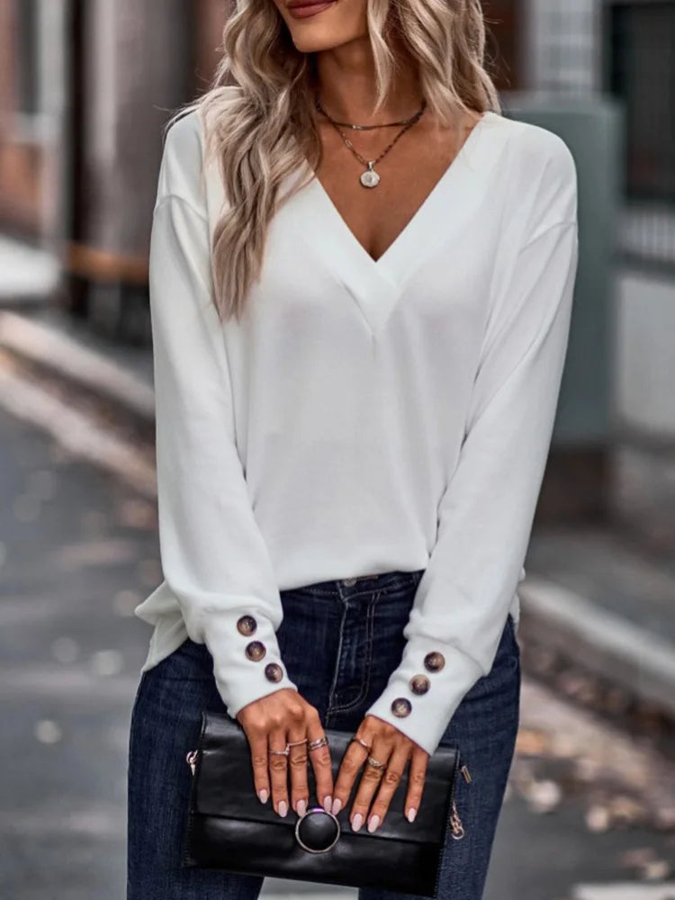 Comfort Pullover Button Down V Neck Long Sleeve Blouse/Loose Fitted.