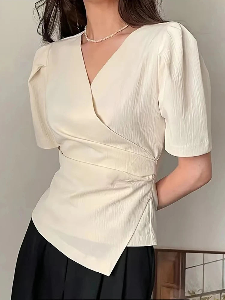 Solid Tucked V Neck Slim Blouse/Elegant Short Sleeve Asymmetrical Top For Women Hot Sale.