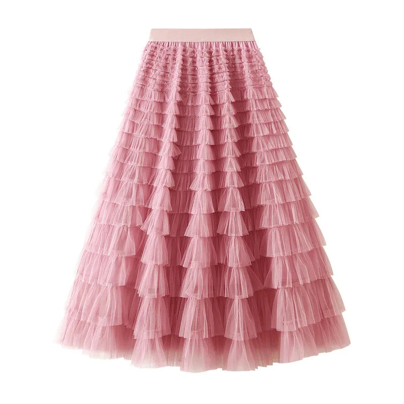 Elegant Layered Mesh Skirt For Women/High-Waisted Puff Skirt/Dropped A~Line/Appliqués Decorative Loose Fitted Skirt.