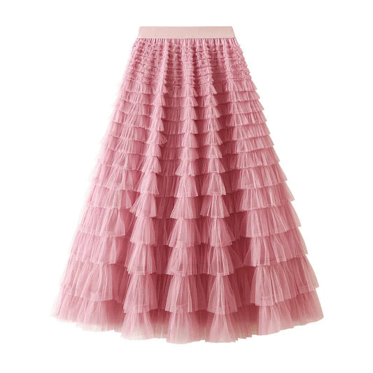 Elegant Layered Mesh Skirt For Women/High-Waisted Puff Skirt/Dropped A~Line/Appliqués Decorative Loose Fitted Skirt.