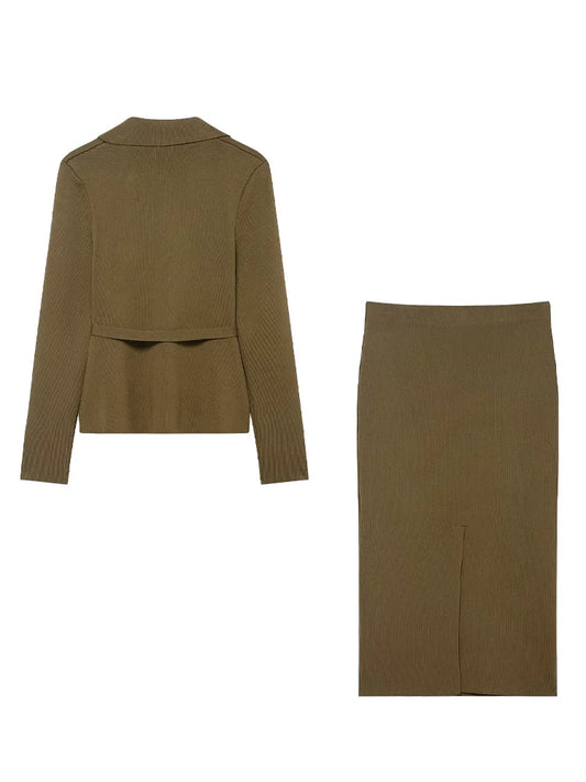 Women’s Olive Green Knit Blazer & Midi Skirt Set | Elegant Two-Piece Business Casual Suit | Fall Winter Fashion