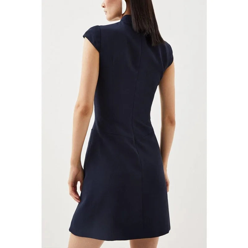 Military Pleated Cap Sleeve Dress/High Neck Patchwork Pleated Hem Mini Dress/A-Line Sleeveless Tassel Dress.