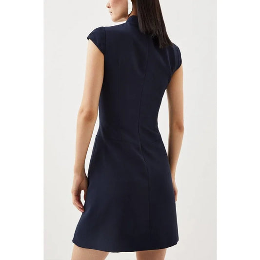 Military Pleated Cap Sleeve Dress/High Neck Patchwork Pleated Hem Mini Dress/A-Line Sleeveless Tassel Dress.