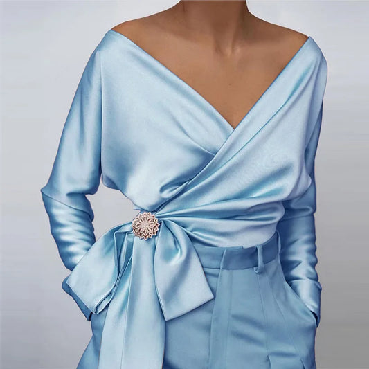 Satin Shirt Top Female/Sexy Fashion Solid Color V Neck Bow Tie Slim Fit T-shirt Blouse Streetwear.
