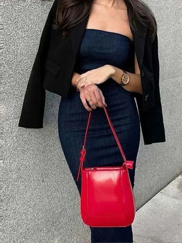 The Denim Muse Strapless Midi Dress