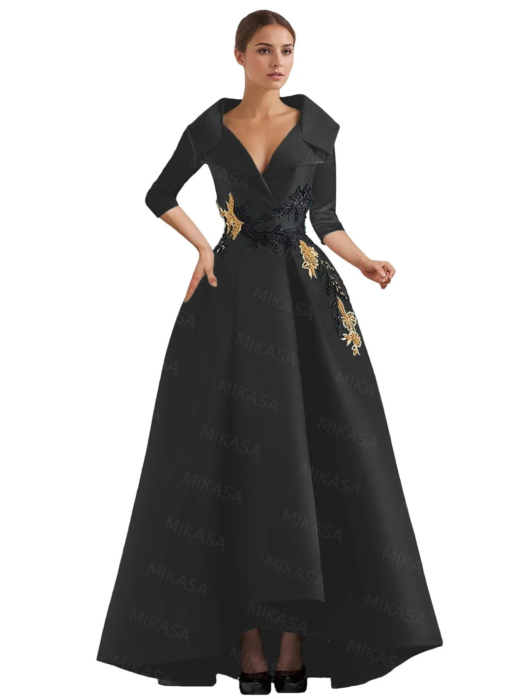 Elegant A Line Vintage Gown/Modern Three Quarter Sleeves V~Neck Dress/Party Gowns With Appliqué’s/Pockets Irregular Ruffles.