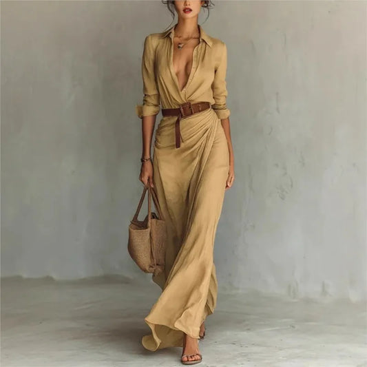 Fashionable Solid Elegant Dress/Lapel Button Draped Dress/Long Dress Casual Long Sleeve Match With Belt Shirt.