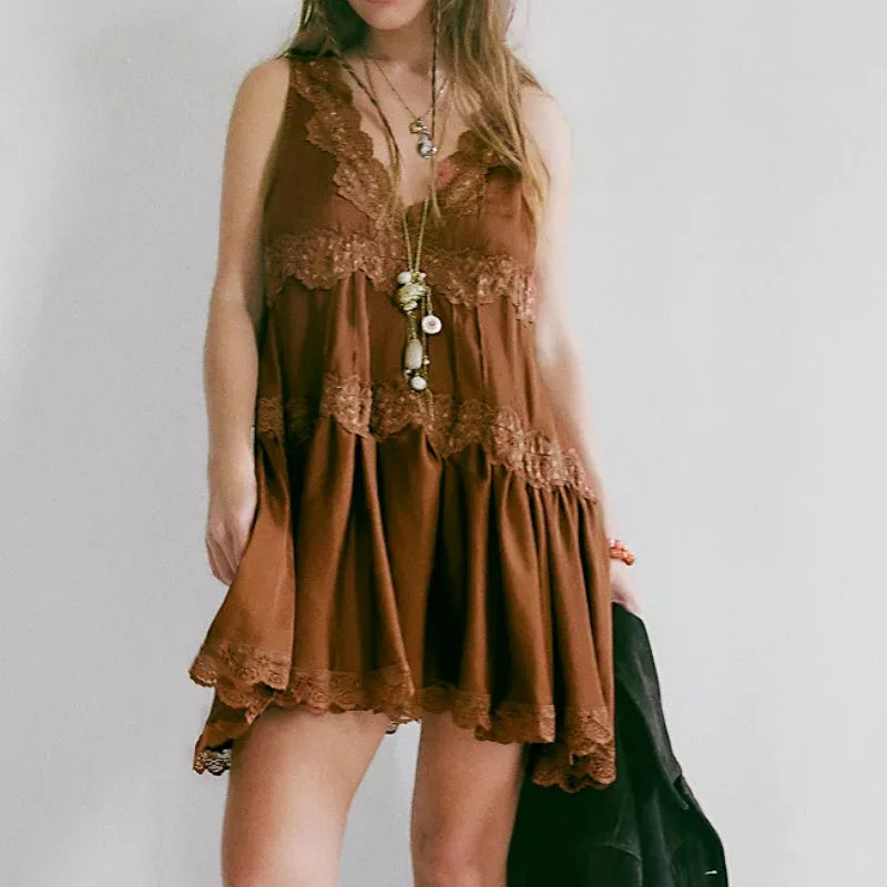 Scarlet Lace Satin Mini Dress – Feminine Flowy Coquette Slip Dress