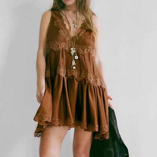 Scarlet Lace Satin Mini Dress – Feminine Flowy Coquette Slip Dress