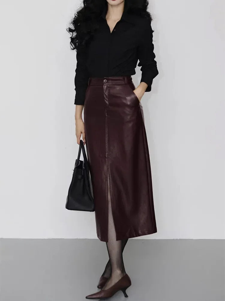 Genuine Sheepskin Leather Front-Slit Midi Skirt