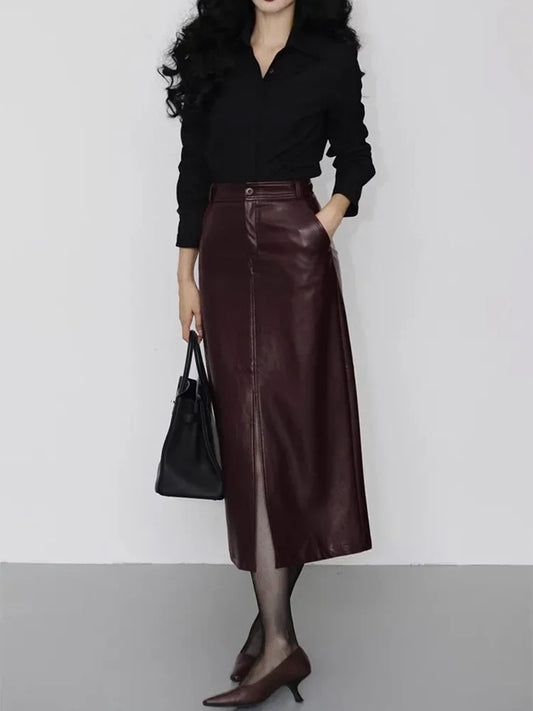 Genuine Sheepskin Leather Front-Slit Midi Skirt