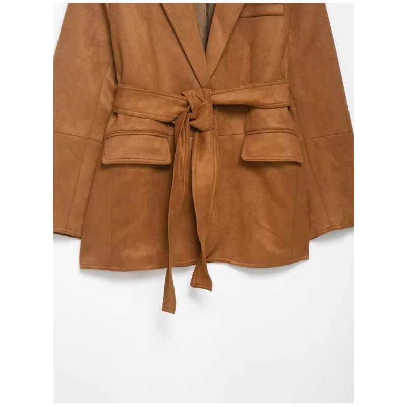 Refined Suede Leather Blazer/Autumn Long Sleeve with Shoulder Pads Pocket/Women's Blazer Simple Female Outwear Chic Blazer’s.