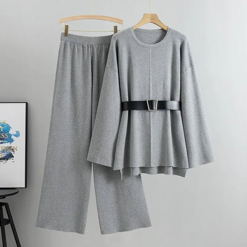 Women’s Elegant Knit Two-Piece Set | Belted Sweater & Wide-Leg Pants | Timeless Minimalist Elegance