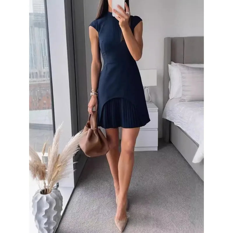 Military Pleated Cap Sleeve Dress/High Neck Patchwork Pleated Hem Mini Dress/A-Line Sleeveless Tassel Dress.