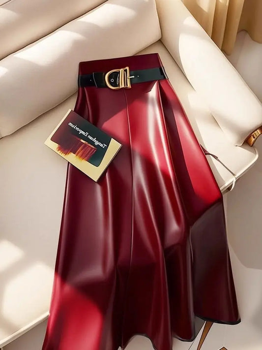 Burgundy Faux Leather A-Line Midi Skirt with Belt – Elegant High-Waist Vegan Leather Skirt