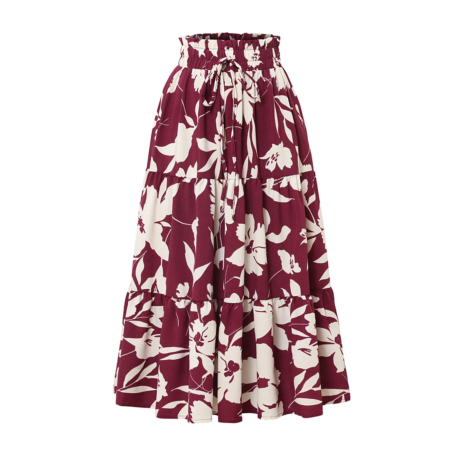 Retro Puff Floral Printed Skirt/With Pocket’s/Casual Elastic High Waist Lace-up Loose Skirts.