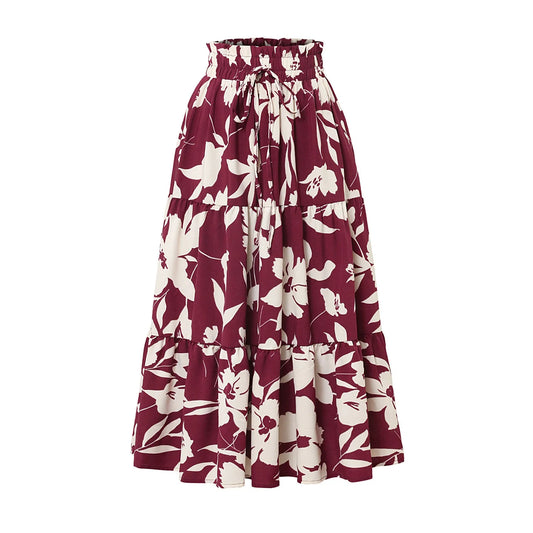 Retro Puff Floral Printed Skirt/With Pocket’s/Casual Elastic High Waist Lace-up Loose Skirts.