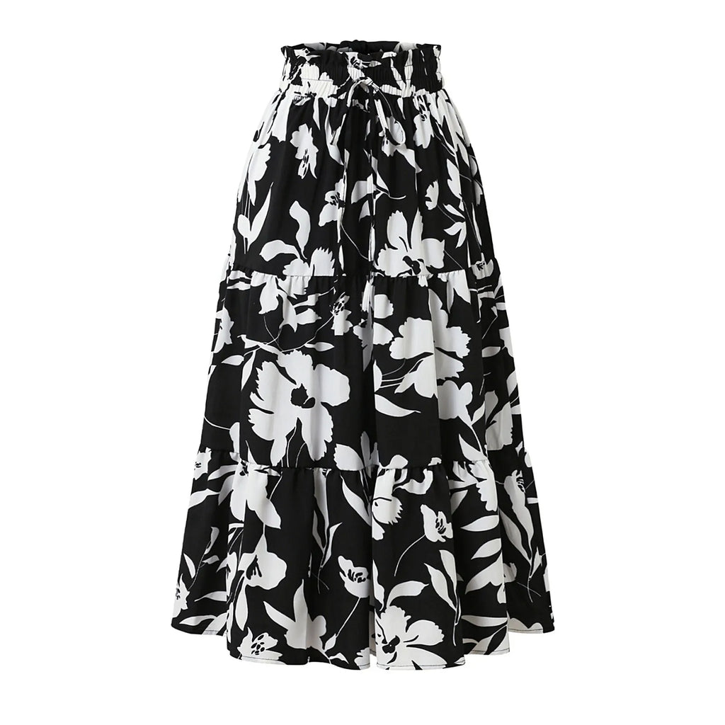 Retro Puff Floral Printed Skirt/With Pocket’s/Casual Elastic High Waist Lace-up Loose Skirts.