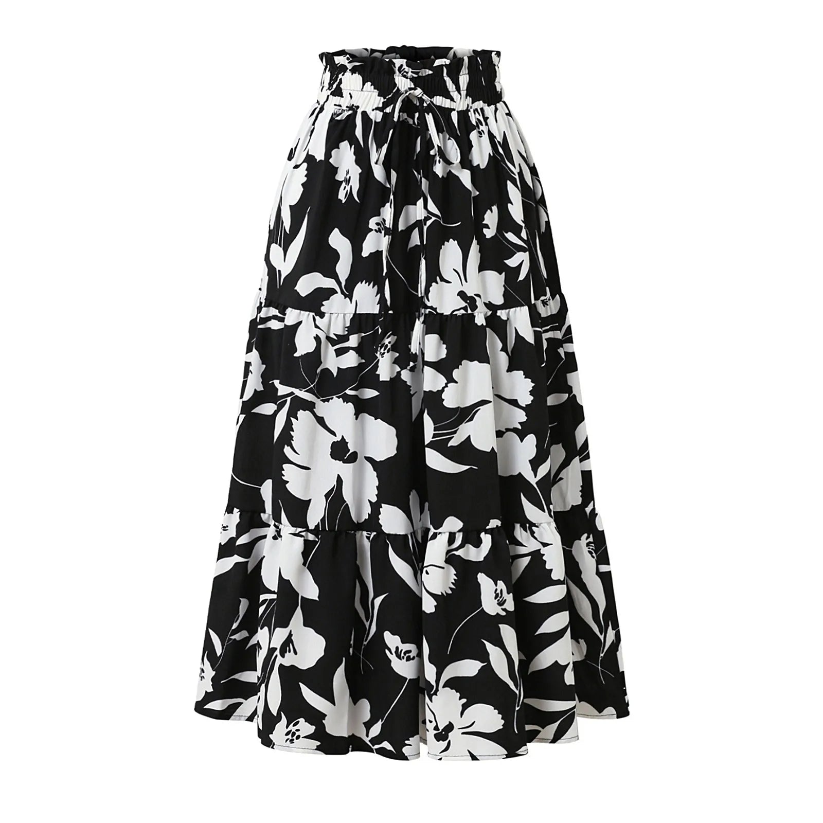 Retro Puff Floral Printed Skirt/With Pocket’s/Casual Elastic High Waist Lace-up Loose Skirts.