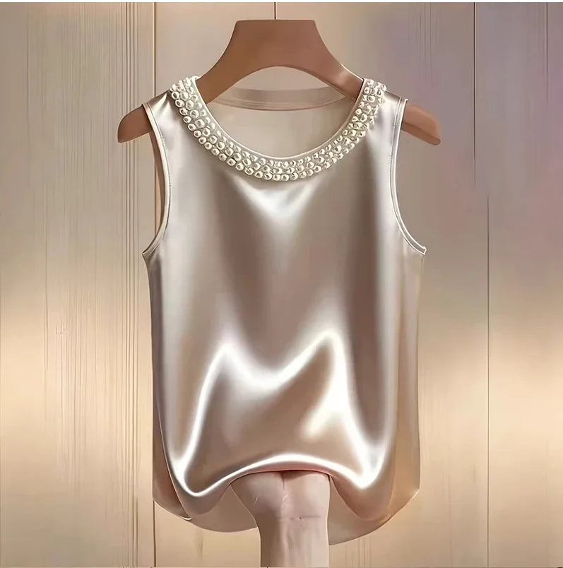 Elegant Satin Sleeveless Blouse with Pearl Beaded Neckline – Luxury Loose Fit Summer Top for Women | Modern Blend Boutique