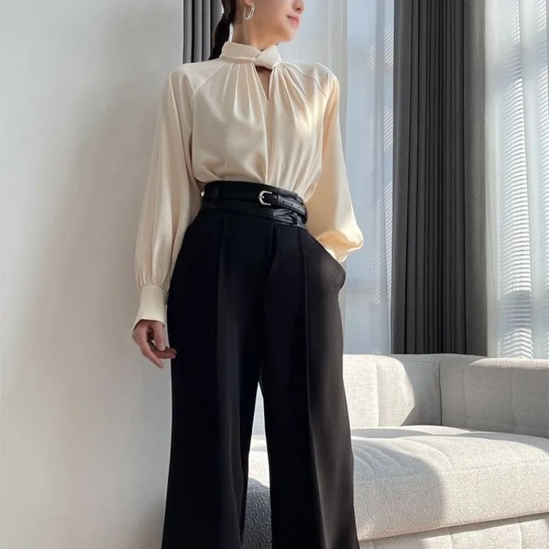 Elegant Twist-Neck Satin Blouse for Women – Long Sleeve Formal Top
