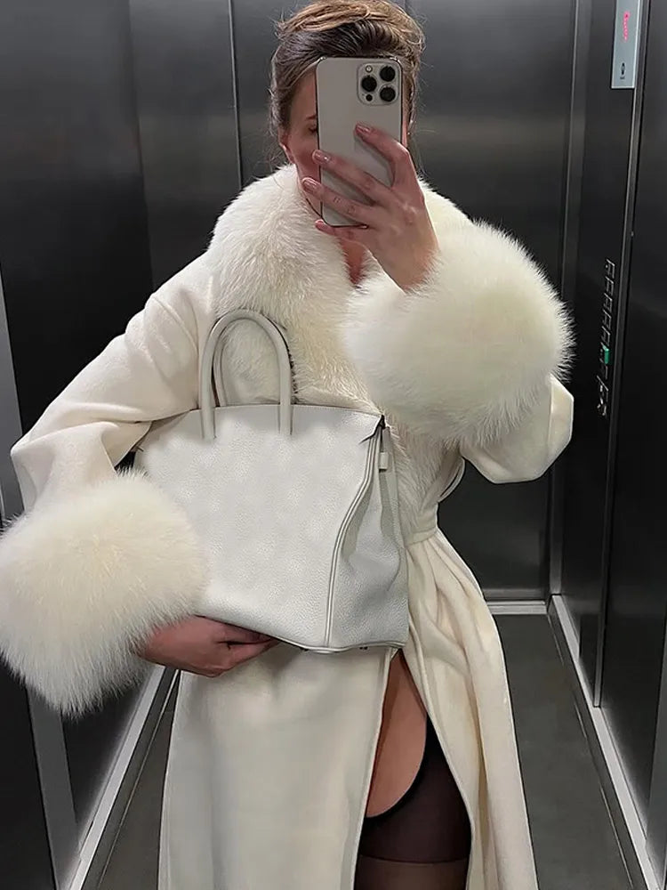 Faux Fur Patchwork Woolen Overcoat – Classic patchwork woolen long coat with faux fur, ideal for autumn/winter collection/Solid Fur Patchwork Woolen Coat.