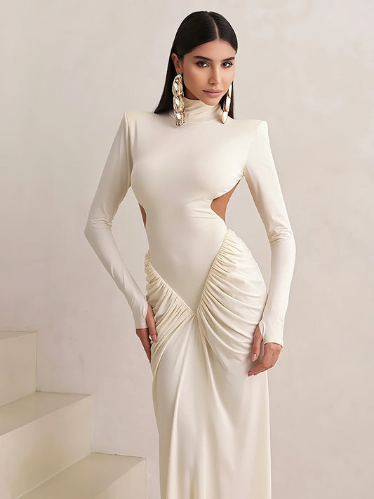 Luxurious Pullover Puss Dress/Backless Maxi Dress/Women Shoulder Pad’s/Long Sleeve Waistless/Peach Buttocks/Ruched Elegant Banquet/Ruffle Designed.