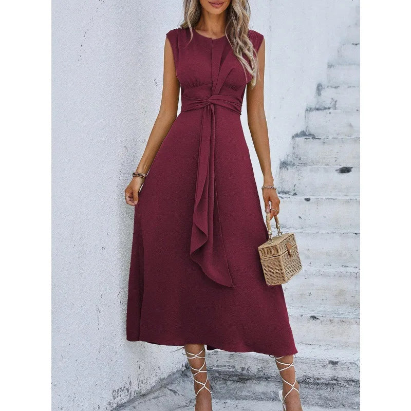 Elegant Sleeveless Waist Tie Midi Dress for Women – Romantic Vacation A-Line Summer Dress | Casual Chic Date Night Outfit | Modern Blend Boutique