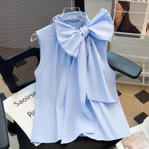 Mini Bow Tuckernuck/NEW White Blythe Ruffle Collar Preppy Sleeveless White Blouse for Women/Sleeveless Loose Shirts Fashion Sweet/All EventTops.