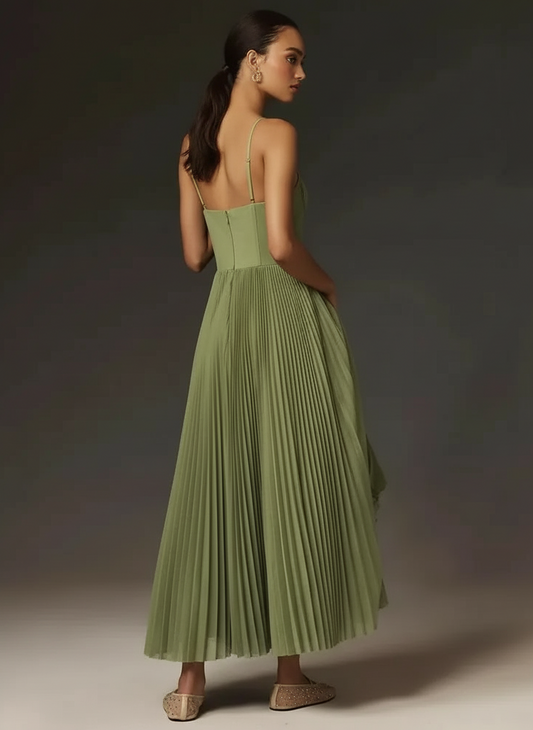 Solid Mid~Calf Dress/Deep V Neck Slim Pleated Maxi Dress/Sleeveless Female Smooths Silhouette/ Bridesmaid Gown Dress.