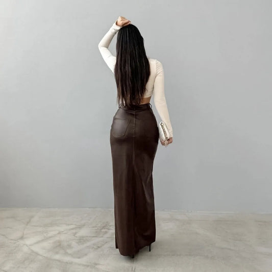 Luxury High-Waist Faux Leather Midi Skirt with Front Slit – Elegant Tailored Fit