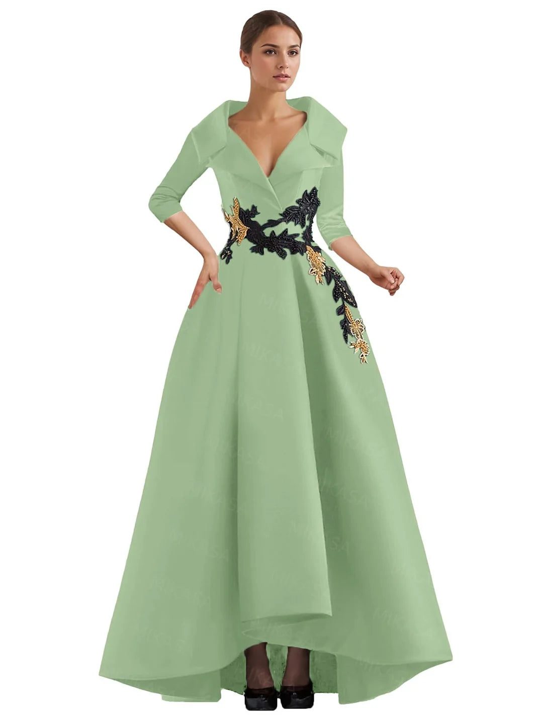 Elegant A Line Vintage Gown/Modern Three Quarter Sleeves V~Neck Dress/Party Gowns With Appliqué’s/Pockets Irregular Ruffles.
