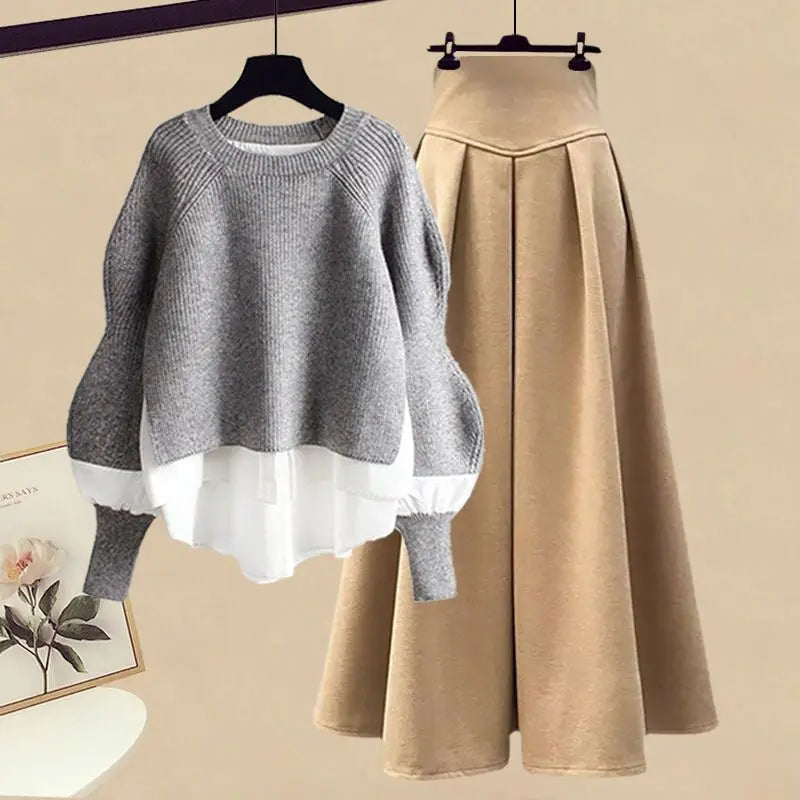 Elegant Splice Pullover Set/Two Piece Knitted Sweater Dress/Matching Chic Pullover Skirt Set.