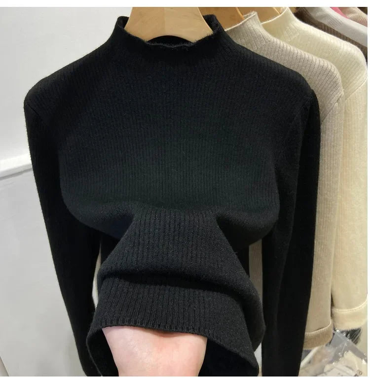 Solid Neck FleeceTurtleneck/Winter Sweater Women Elegant/Thicken Velvet Lined Warm Sueter Knitwear Jumper.