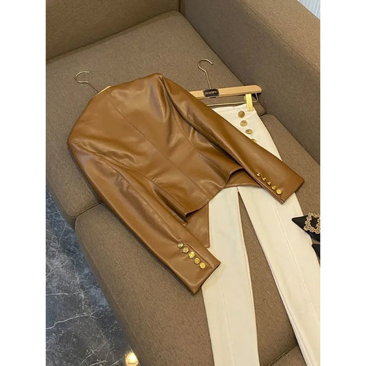 Luxury Faux Leather Tailored Blazer with Gold Buttons | Women’s Structured Vegan Leather Jacket