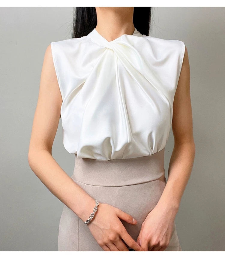 Women’s Satin Twist-Neck Sleeveless Blouse – Elegant Draped Office & Occasion Top