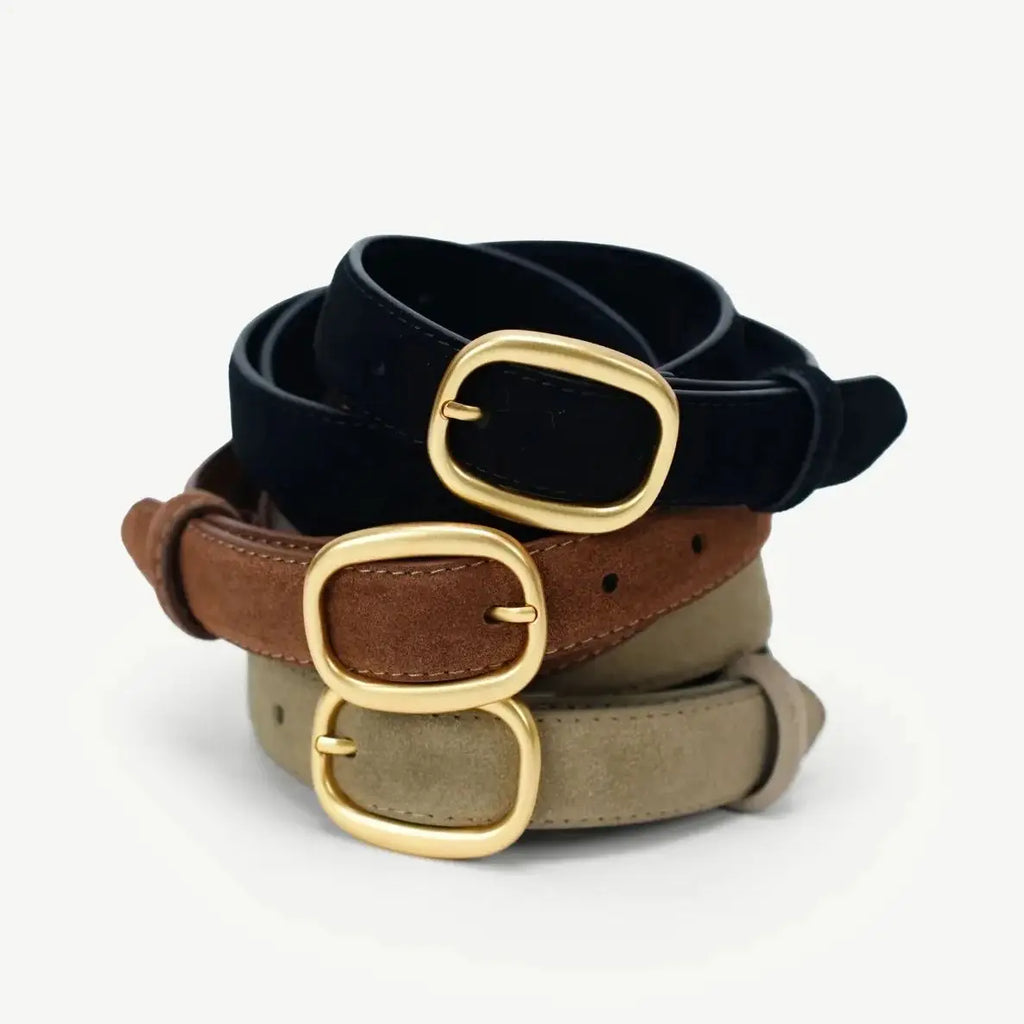 Suede Leather Skinny Fitted Belt/ Slim Waistband/Gold Buckle black Gray Casual Accessory for Jeans Pants & Dresses.