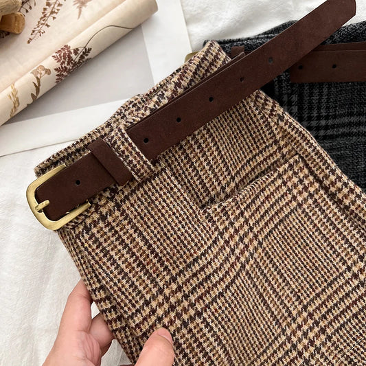 Women’s Mid-Waist Wool Blend Plaid Shorts – Autumn Winter Streetwear Short Pants