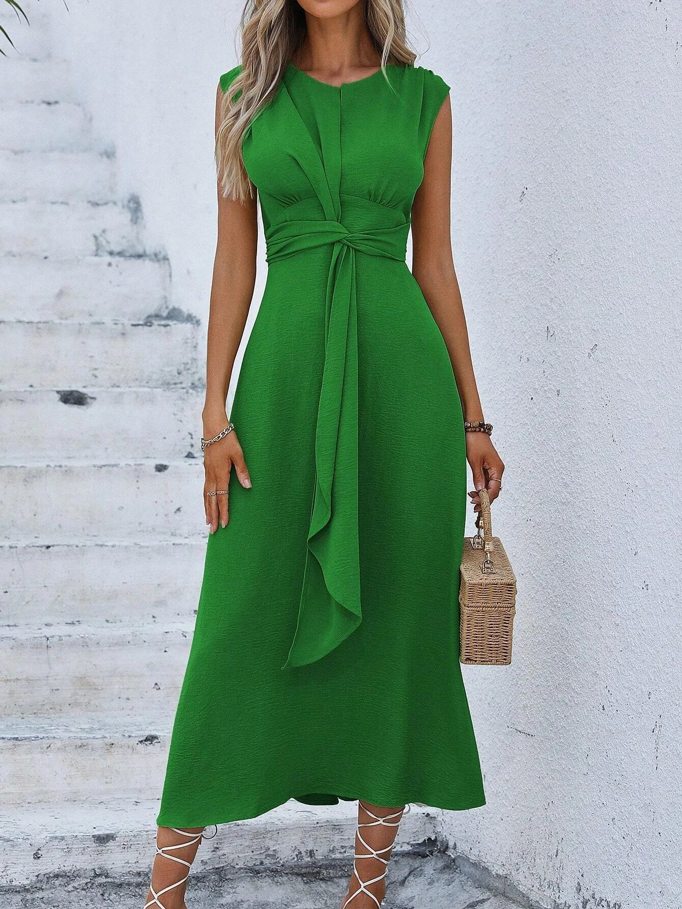 Elegant Sleeveless Waist Tie Midi Dress for Women – Romantic Vacation A-Line Summer Dress | Casual Chic Date Night Outfit | Modern Blend Boutique