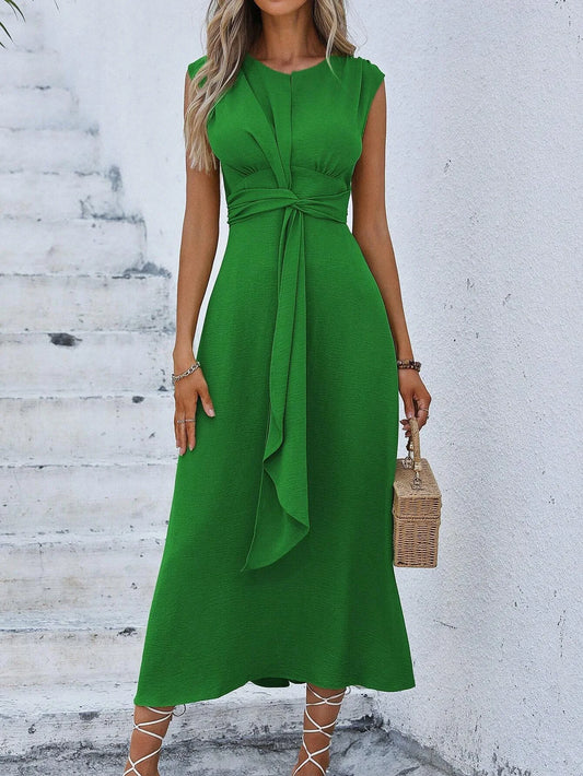 Elegant Sleeveless Waist Tie Midi Dress for Women – Romantic Vacation A-Line Summer Dress | Casual Chic Date Night Outfit | Modern Blend Boutique