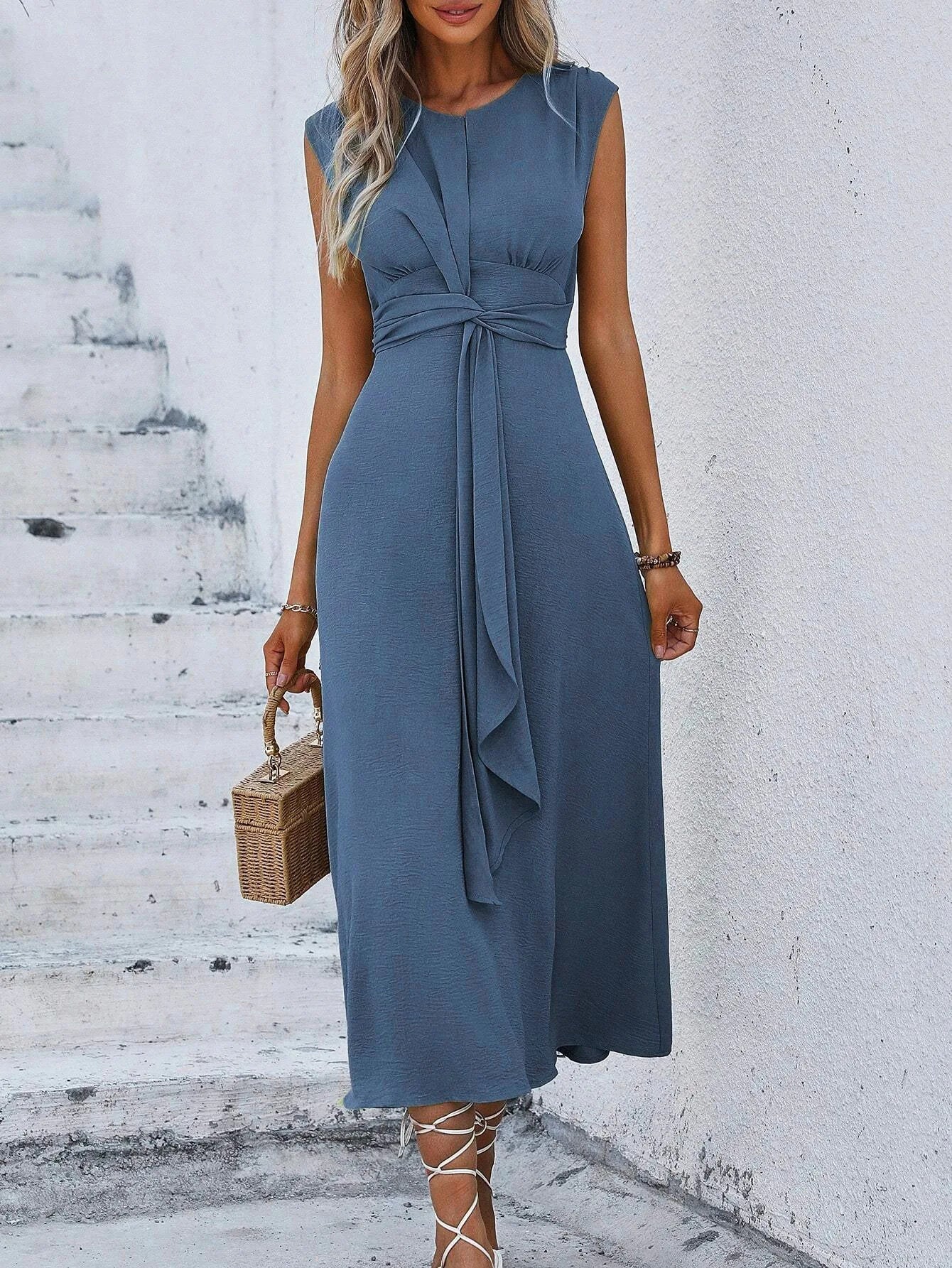 Elegant Sleeveless Waist Tie Midi Dress for Women – Romantic Vacation A-Line Summer Dress | Casual Chic Date Night Outfit | Modern Blend Boutique