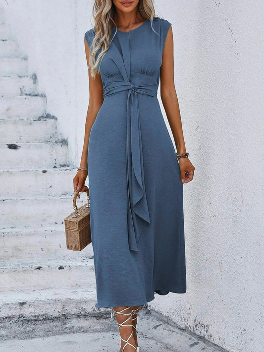 Elegant Sleeveless Waist Tie Midi Dress for Women – Romantic Vacation A-Line Summer Dress | Casual Chic Date Night Outfit | Modern Blend Boutique