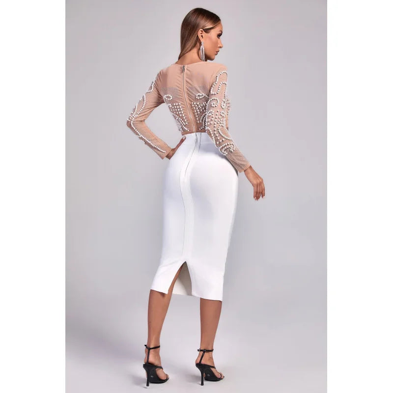 Luxe Pearl Embellished Crop Top & Midi Skirt Set