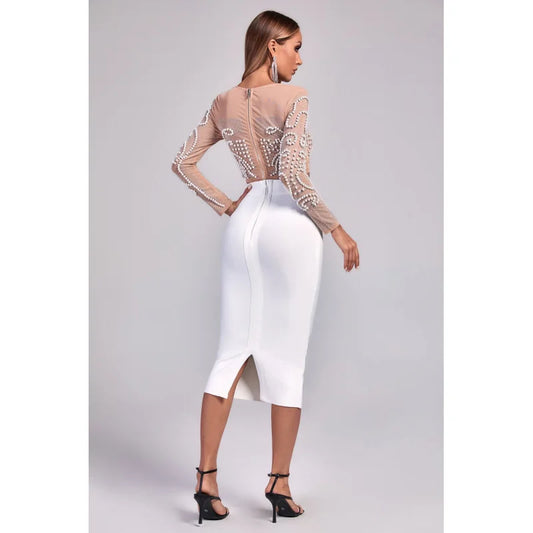 Luxe Pearl Embellished Crop Top & Midi Skirt Set
