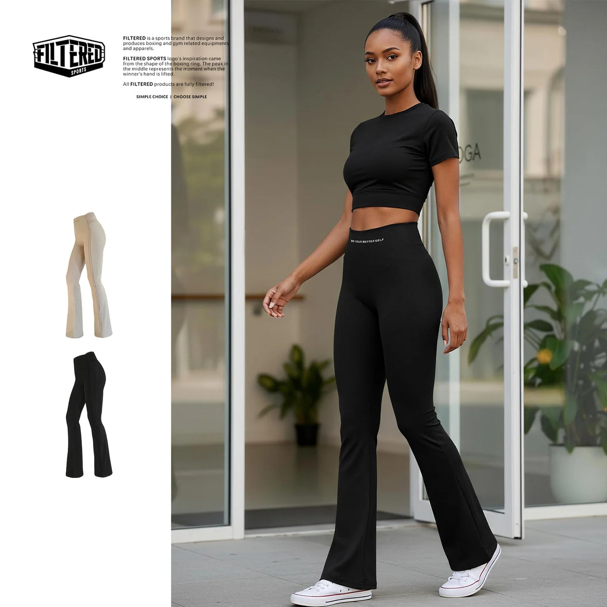 “High-waisted sculpting flare yoga pants with dual-curve construction and moisture-wicking stretch fabric.”