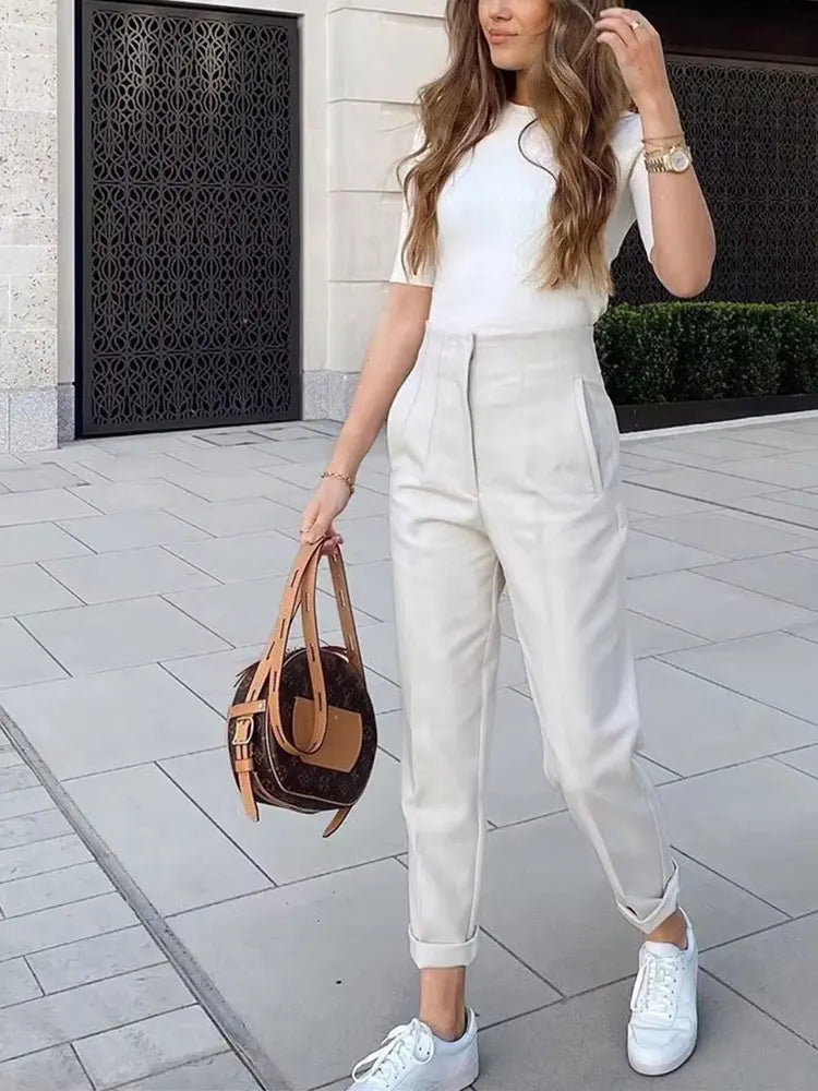 Solid HH Flat Front Pencil Pant’s/High Waist Casual Streetwear/Woven  Trouser’s Office Wear Chic Pant’s.